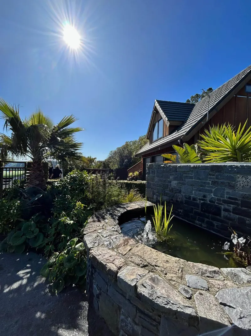 Residential pond set into a lawn and garden