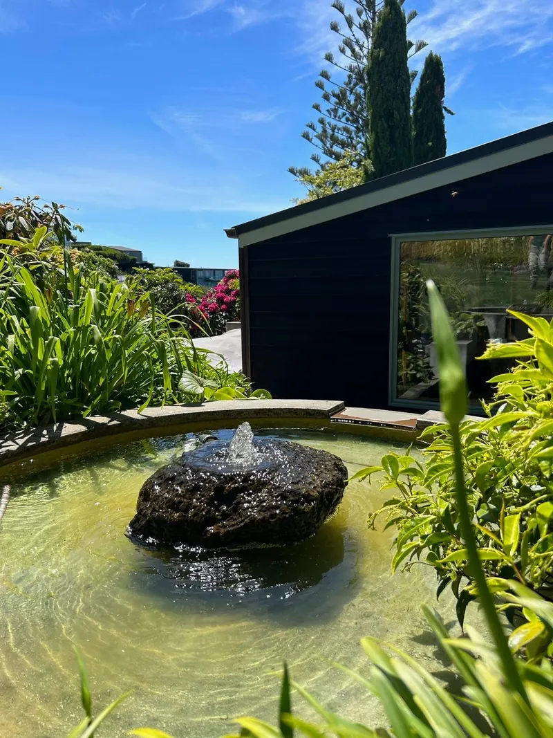 Modern pond with a large black rock water feature and fountain beside a black building