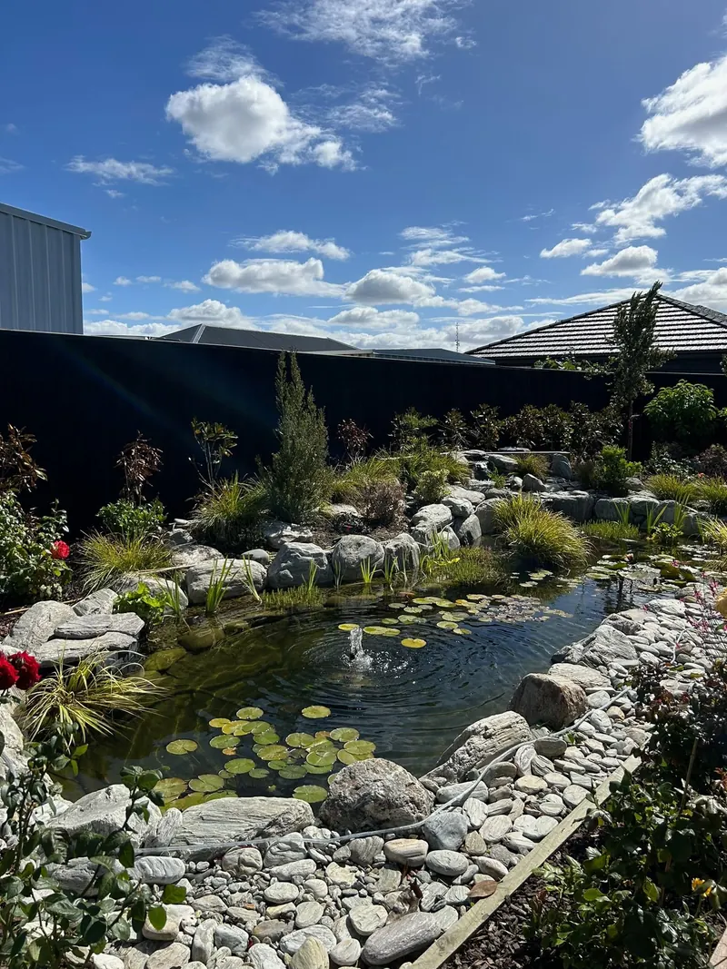 Contemporary pond and water feature beside a red metal wall